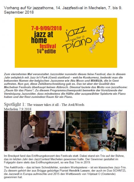 2018 - Jazzhalo - Vorhang auf für jazzathome, 14. Jazzfestival in Mechelen